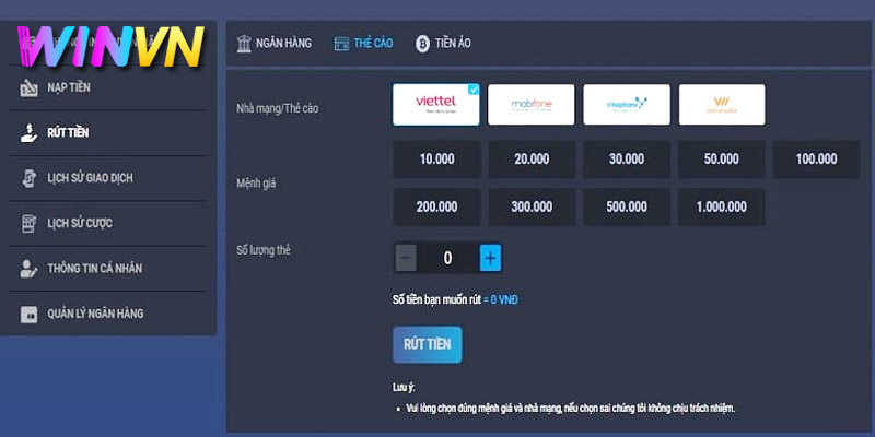 hướng dẫn rút tiền winvn bằng thẻ cào